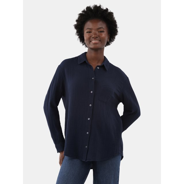 Time and Tru Women's and Women’s Plus Double Cloth Shirt, Sizes S-4X - Walmart.com | Walmart (US)