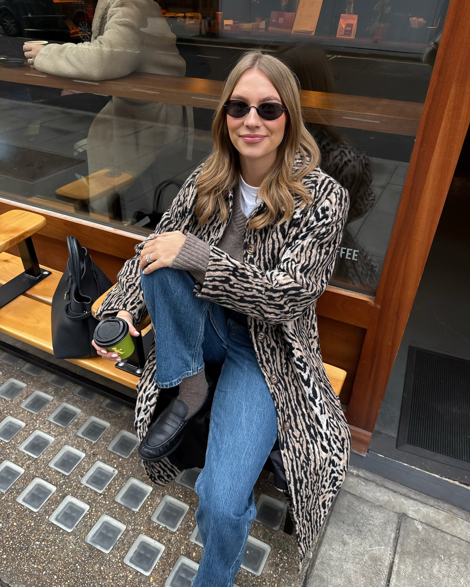 Weekend outfit 
Rixo coat size 12 
Zara jumper 
Abercrombie jeans 
Marks & Spencer loafers 