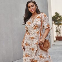 Plus Floral Knot Cuff Wrap Dress | SHEIN