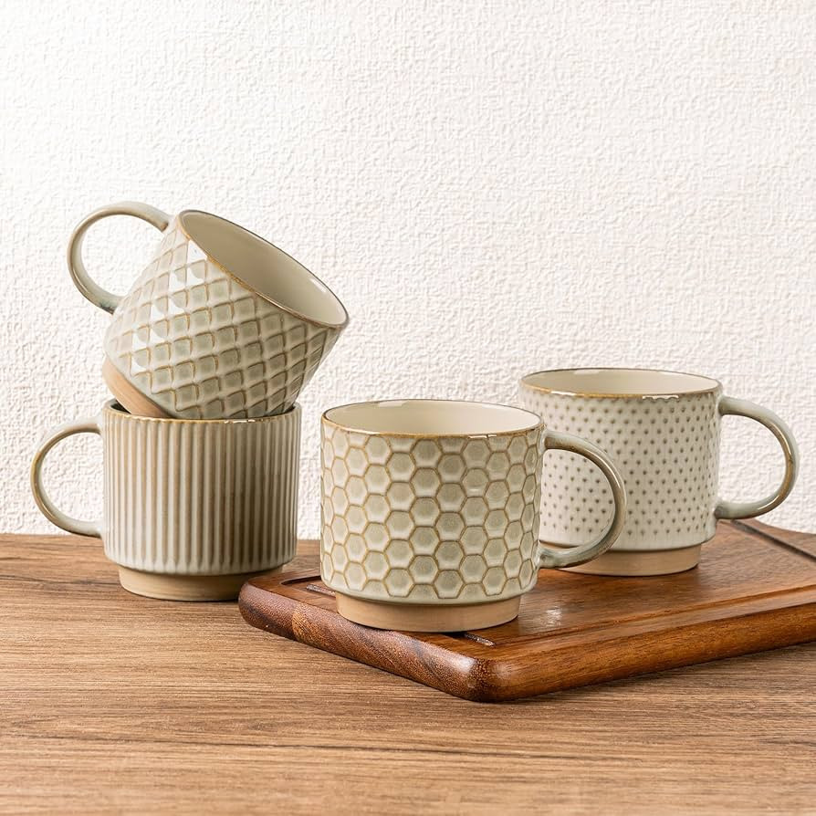 GBhome 12OZ Stackable Coffee Mugs, Ceramic Coffee Mugs with Texture Patterns for Man,Woman,Dad,Mo... | Amazon (US)