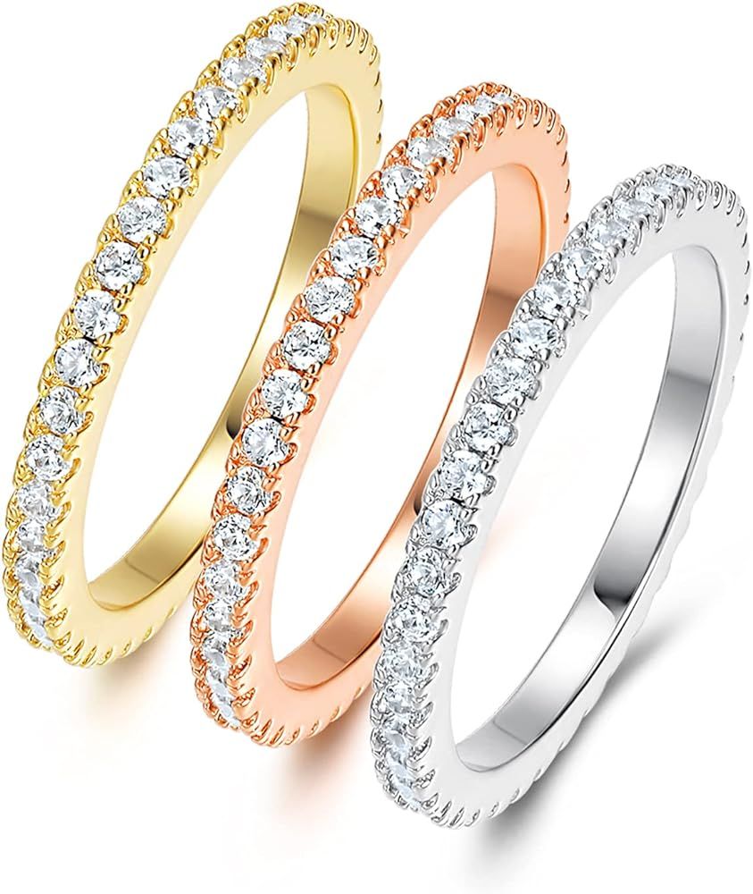 MDFUN Tri-Color Gold Plated Cubic Zirconia Band Stackable Promise Ring 3 PCS Set | Amazon (US)