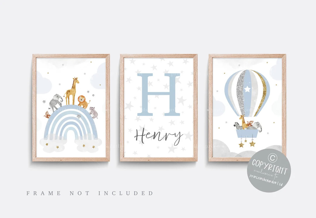 Safari Nursery Print Set: Hot Air Balloon, Blue & Grey Star Prints - Etsy | Etsy (US)