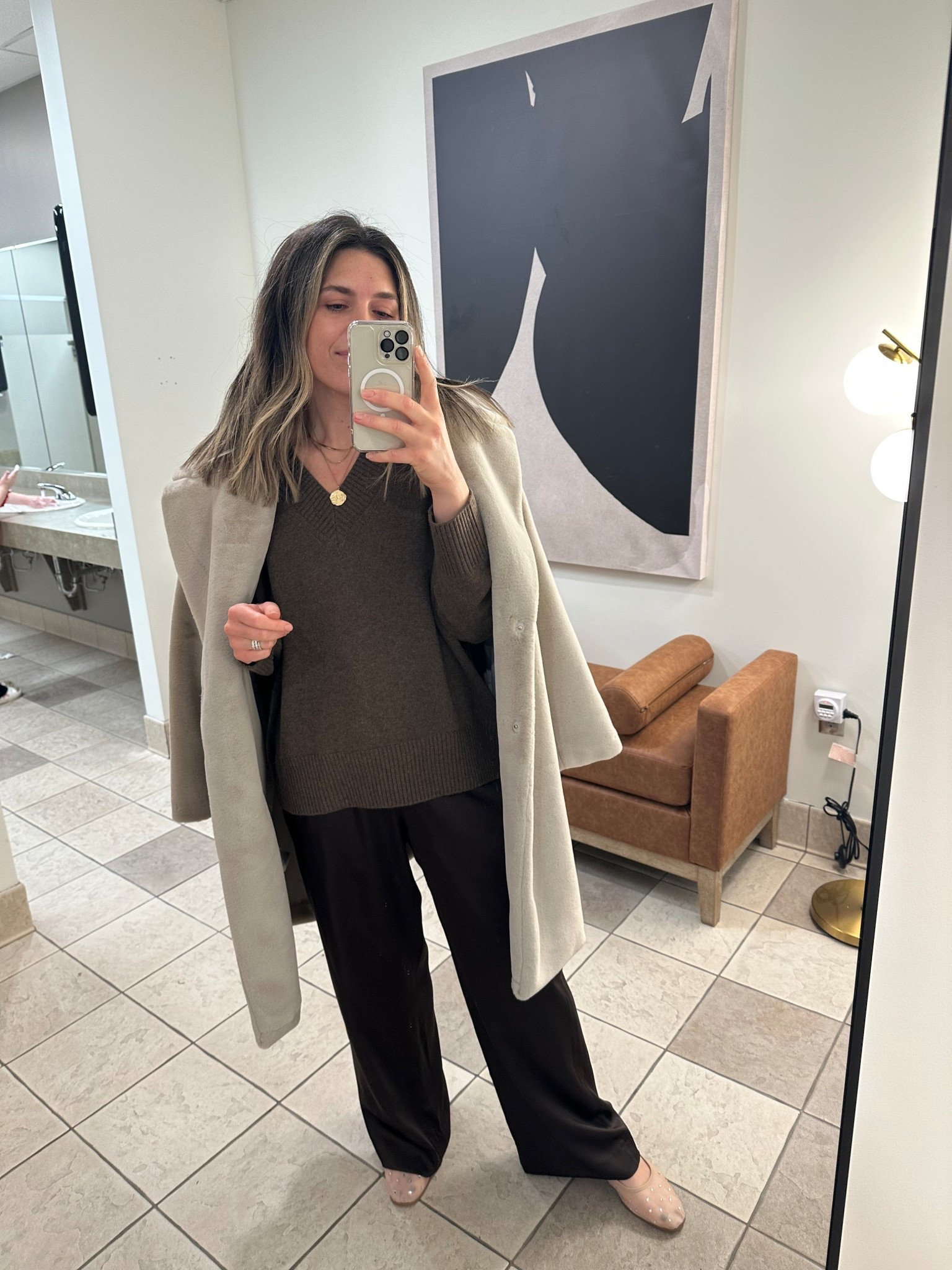 Ultimate casual chic for church. Size medium in all. 

Simple luxe. Satin pants. Silk pants. Cashmere sweater. Faux fur coat. Quince. Abercrombie. Holiday outfit. Easy outfits. Mom outfit. Brown outfit. Neutrals. 

#LTKMidsize #LTKootd #LTKHoliday