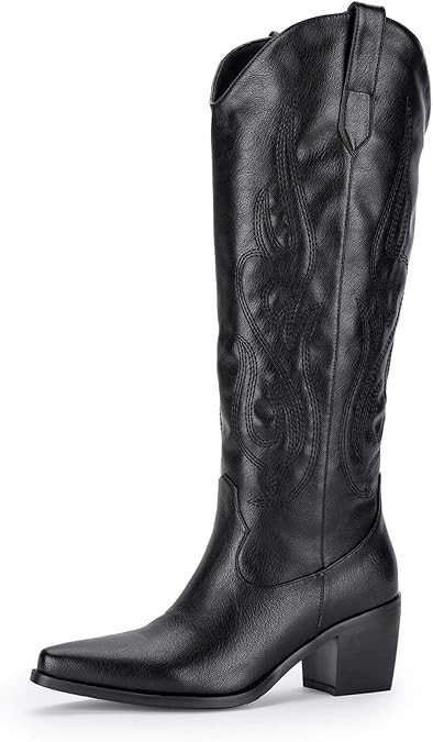 Pasuot Western Cowboy Boots for Women - Black Knee High Wide Calf Cowgirl Boots with Western Embr... | Amazon (US)