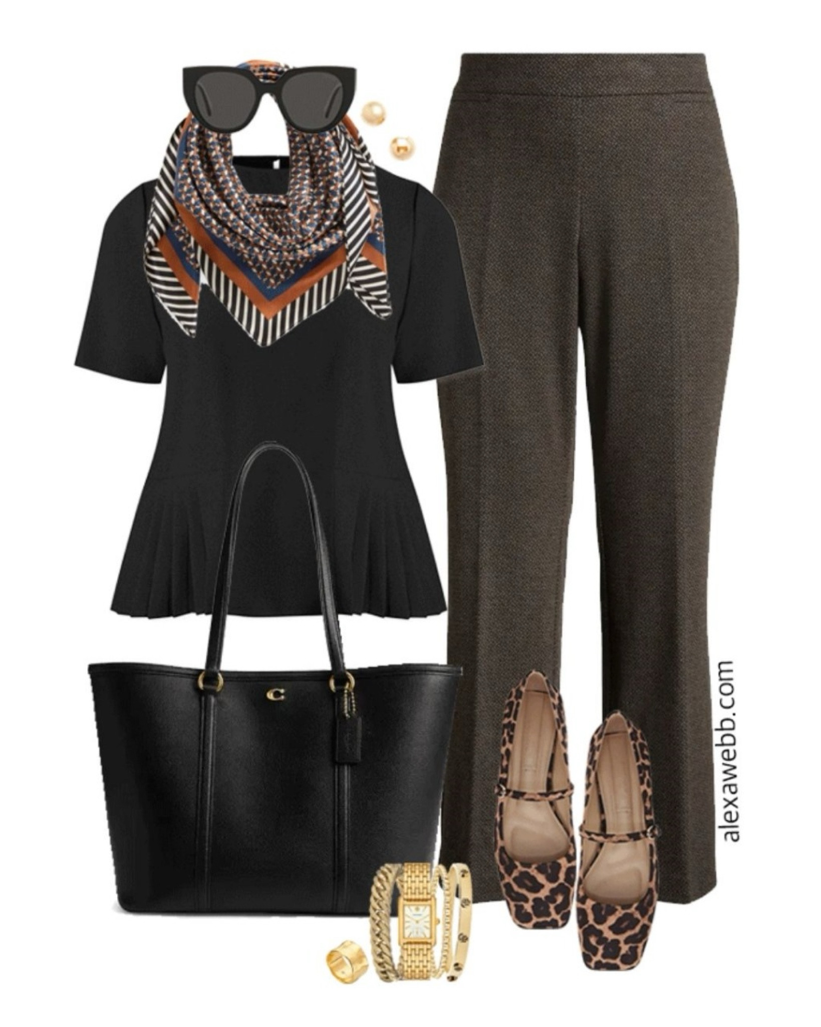 Plus size fall business casual work capsule wardrobe with a scarf, black blouse, black and brown pants, and leopard Mary Jane flats. Alexa Webb 

#LTKStyleTip #LTKWorkwear #LTKPlusSize