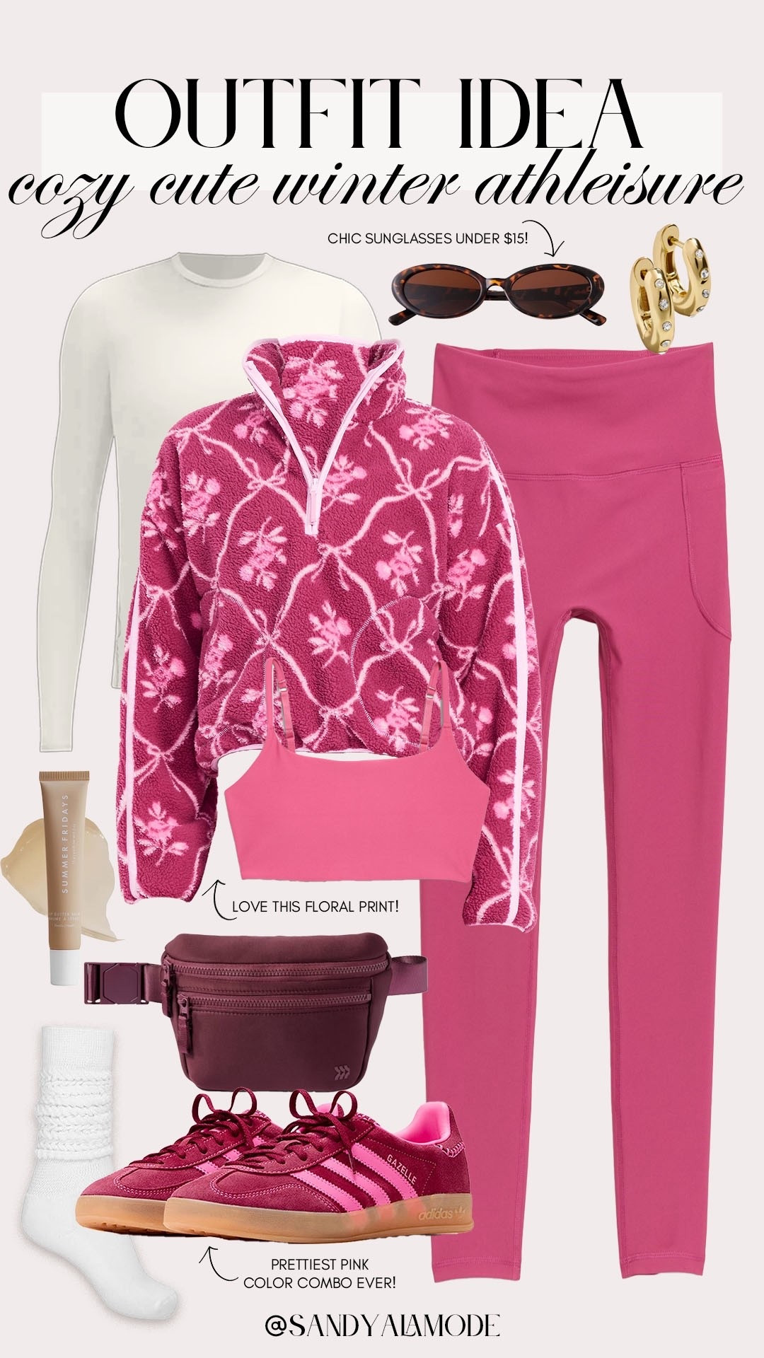 Cozy winter athleisure outfit idea. Comfy cute activewear. Pink activewear. Winter activewear look. Old navy activewear. Pink leggings. Pink floral Sherpa fleece. Target finds. Target burgundy belt bag. Lululemon essentials. Pink adidas sneakers  

#LTKSeasonal #LTKFindsUnder100 #LTKActive
