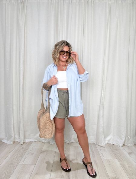 Casual spring outfit idea 
Tube top L 
Shirt L 
Shorts XL but they are huge def needed a L ( color serpent) 
Also linked some other sandals that would be cute with this. 


#LTKmidsize #LTKfindsunder50 #LTKstyletip