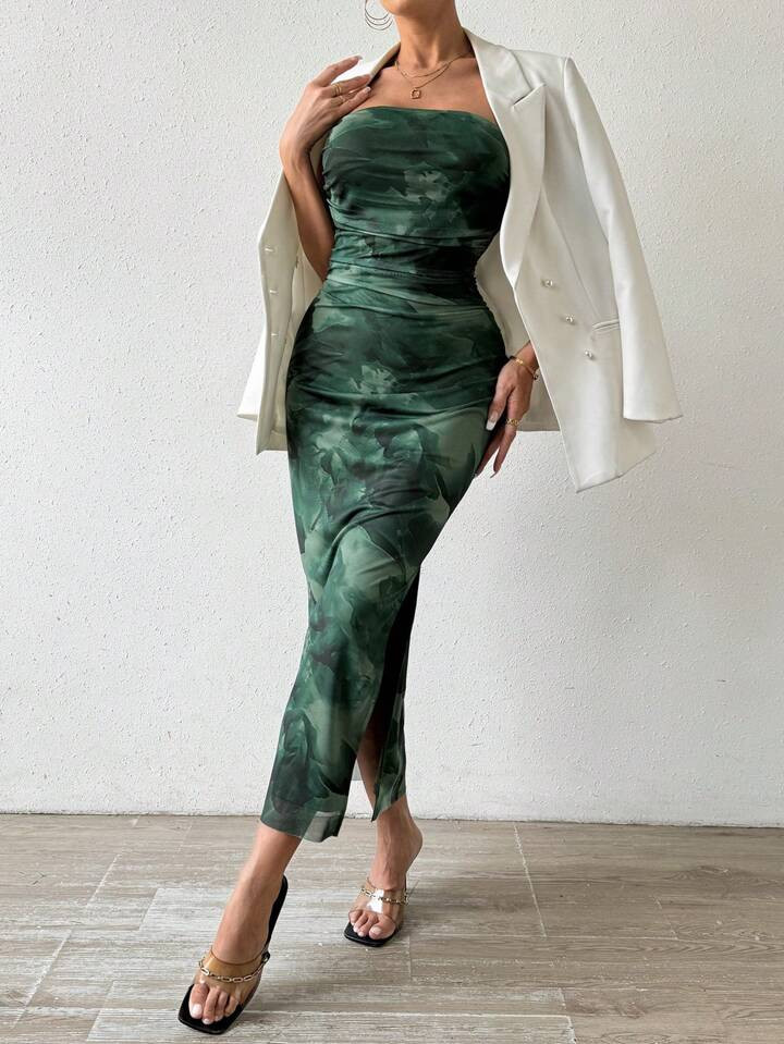 SHEIN Raffinéa Tie Dye Split Thigh Tube Bodycon Dress Maxi Women Outfit | SHEIN