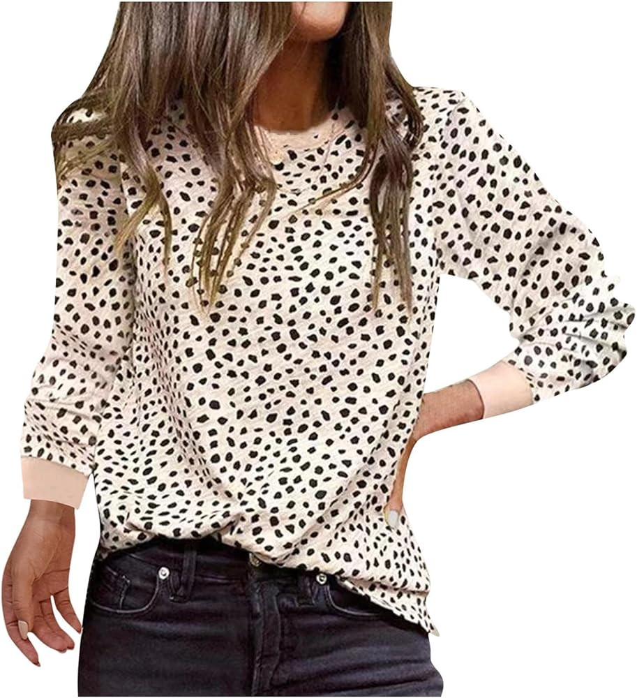 Fall Blouses for Women Casual Polka Dots Tops Fashion Crewneck Long Sleeve Shirts 2024 Lightweigh... | Amazon (US)