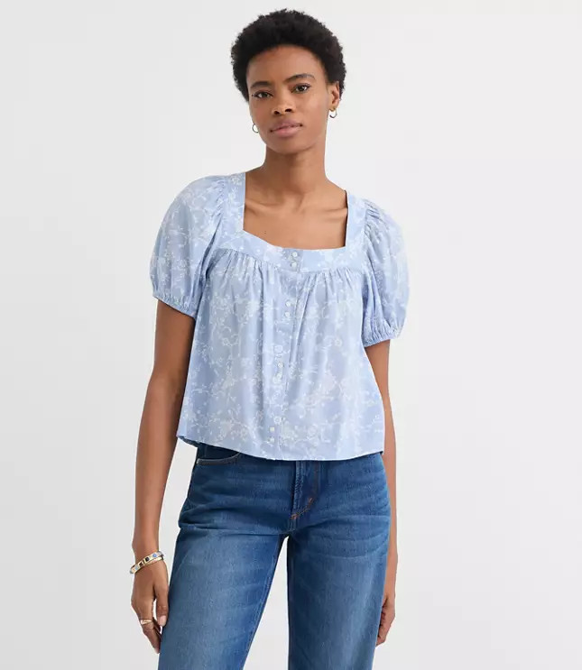 Paisley Puff Sleeve Square Neck Blouse | LOFT