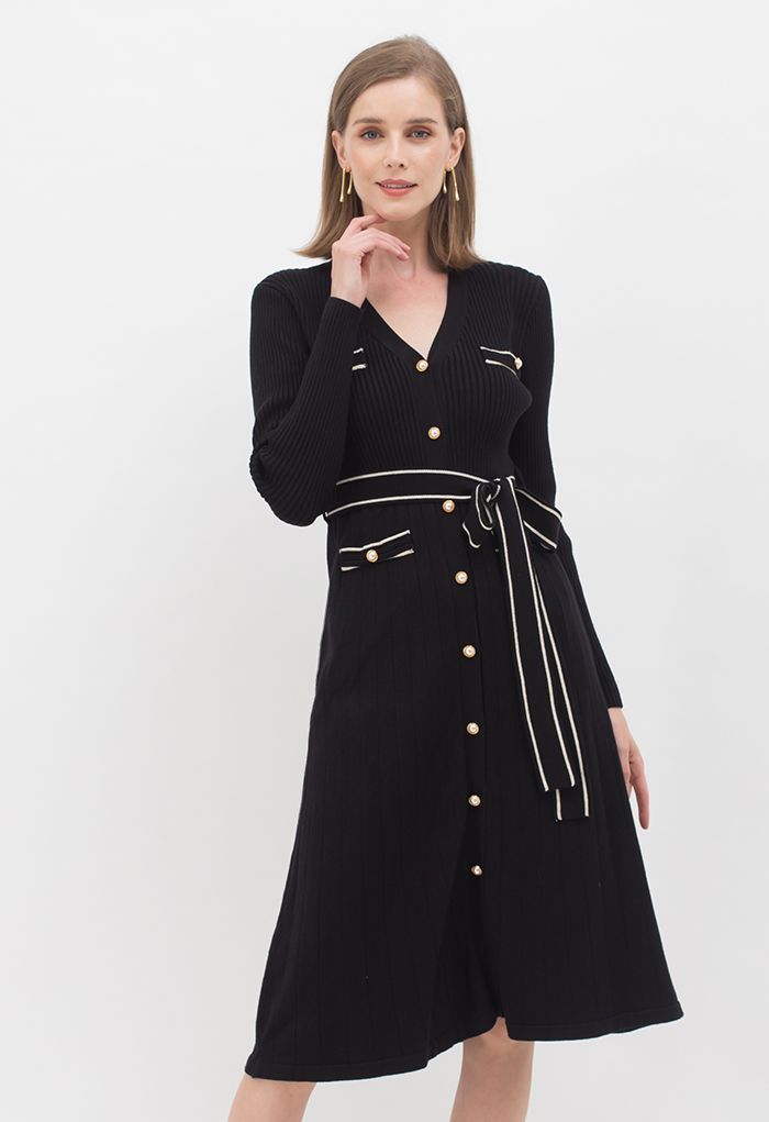 Shimmer Contrast Line Buttoned Knit Dress in Black | Chicwish