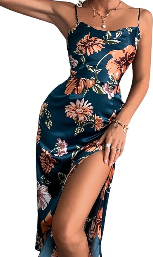 MakeMeChic Women's Floral Satin Silk Cowl Neck High Slit Cami Party Midi Dress | Amazon (US)