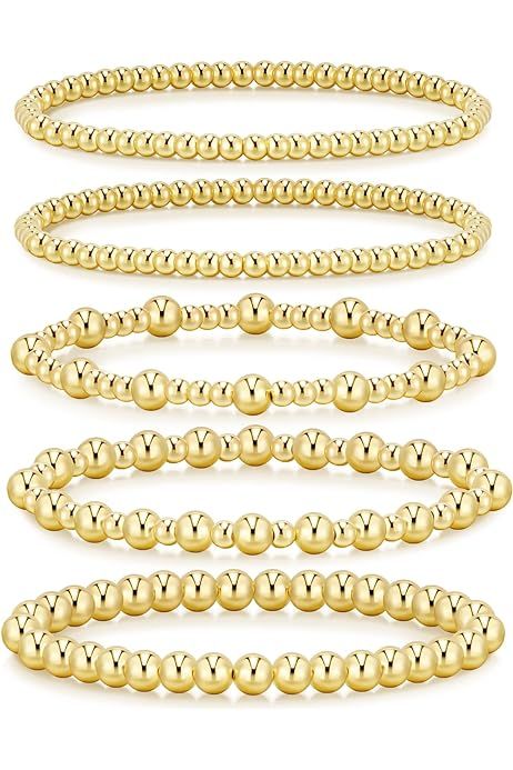 Howoo Gold Bracelets for Women 18K Stretch Beaded Bracelets Stackable Plated Bead Ball Bracelet for Women Trendy Gift | Amazon (US)