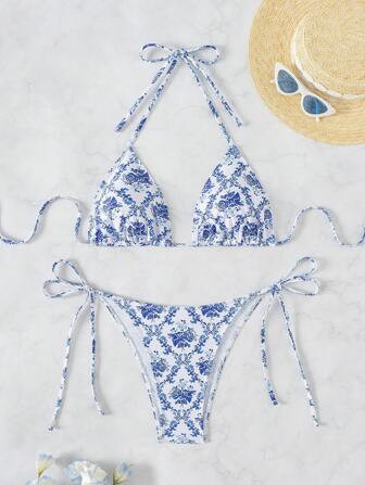 SHEIN Swim Summer Beach 2pcs/Set Ladies' Floral Print Halter Neck Separated Swimsuit | SHEIN