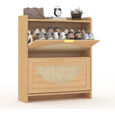 Rattan Shoe Cabinet with 2 Flip Drawers, Free Standing Wooden Shoe Storage Organizer Cabinet with Adjustable Shelves for Entryway, Hallway, Foyer | Target