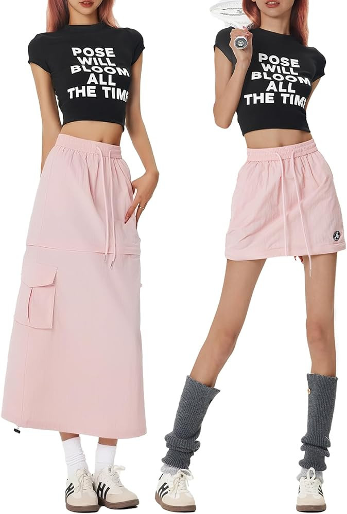 2 in 1 Long Cargo Skirt with Pockets Y2K Casual Elastic Waist Drawstring Convertible Length Cargo... | Amazon (US)