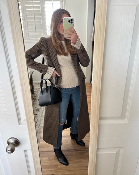 Easy maternity outfit for fall and winter. Maternity style, pregnancy outfit with long coat and maternity jeans. boots on sale 

#LTKstyletip #LTKfindsunder100 #LTKMostLoved