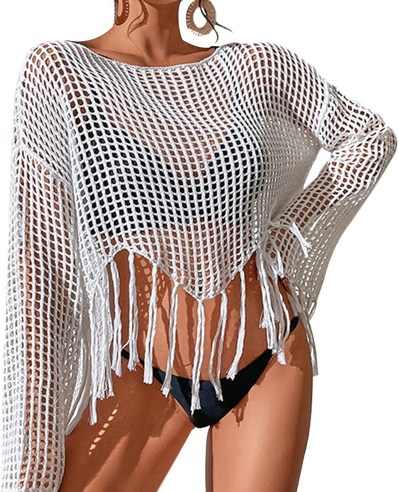 GXFGZZRS Womens Crochet Bathing Suit Cover Up Hollow Out Tassel Swimsuit Long Sleeve Beach Top | Amazon (US)