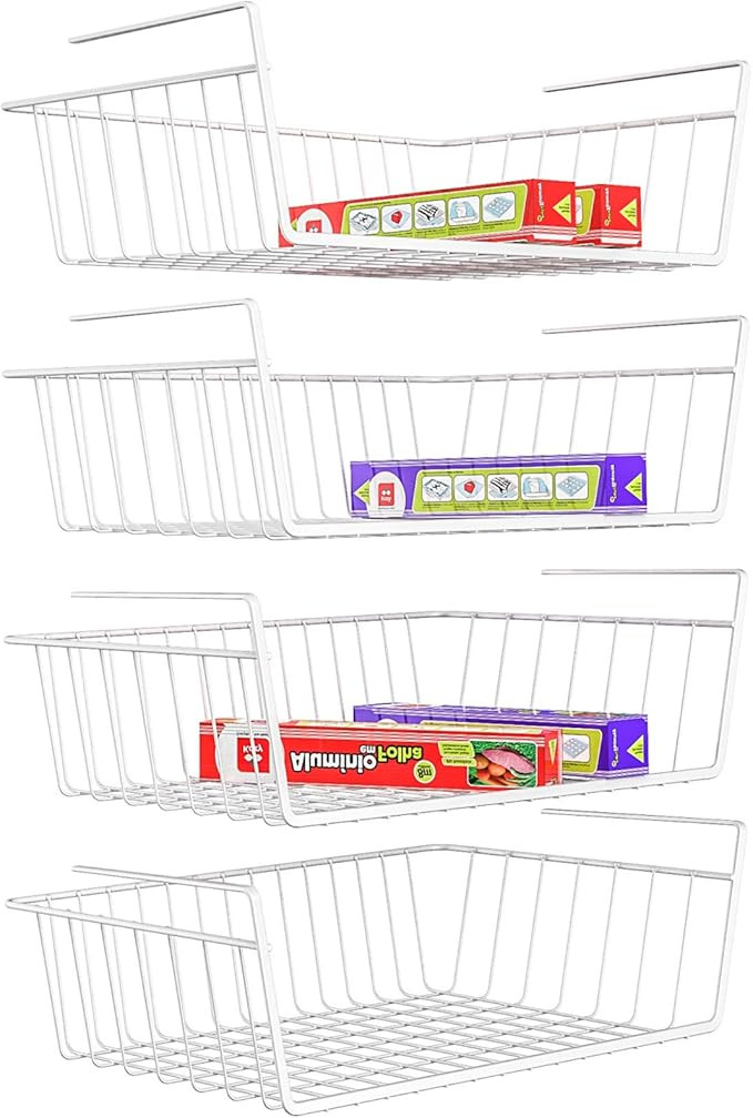 Hanging Under Shelf Storage Basket - iSPECLE 4 Pack Under Cabinet Desk Storage Shelf Organizer Sl... | Amazon (US)