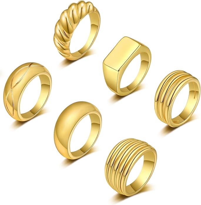 WFYOU 6PCS 18K Gold Plated Thick Dome Chunky Rings for Women Girls Braided Twisted Signet Chunky ... | Amazon (US)