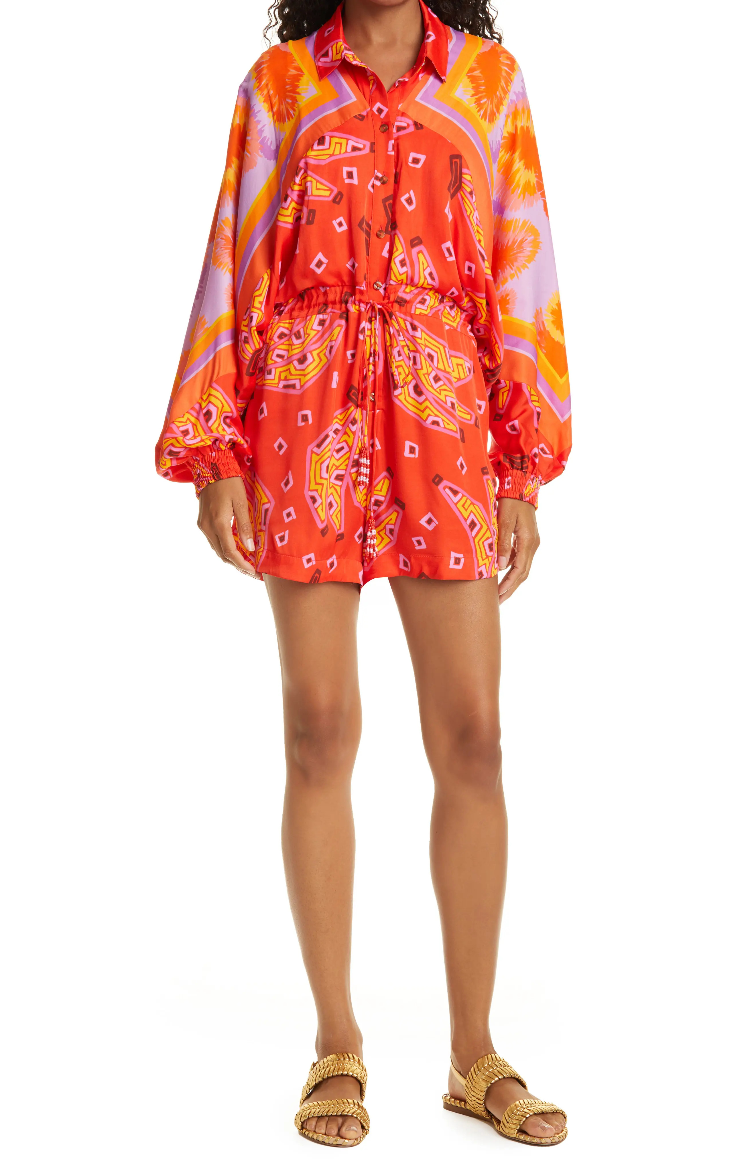 FARM Rio Red Tiki Bananas Romper, Size Medium in Tiki Bnns Tie Dye Cashew at Nordstrom | Nordstrom