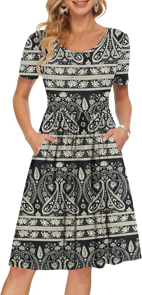 AUSELILY Women's Short Sleeve Pockets Empire Waist Loose Swing Casual Flare Print Floral Pleated ... | Amazon (US)