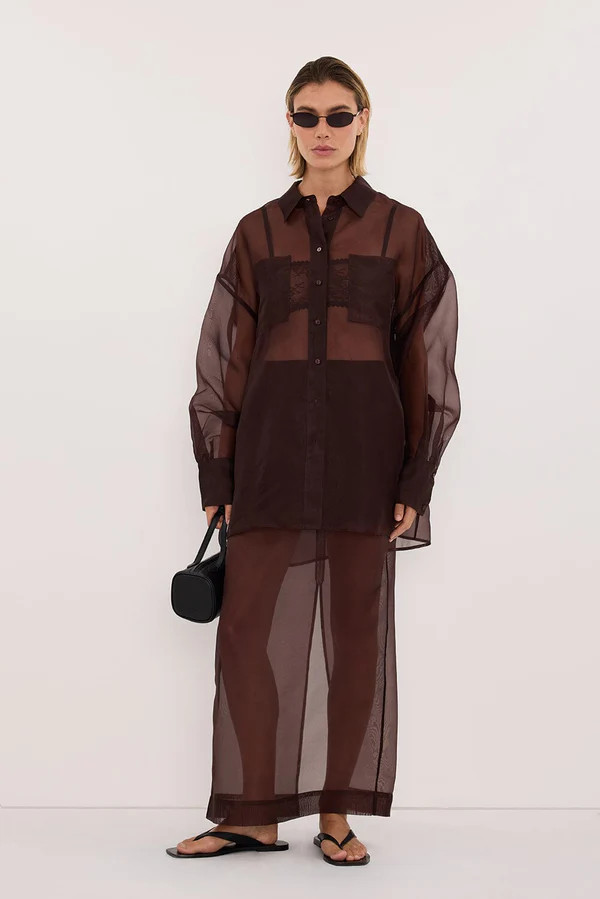 SIAN DARK CHOC SILK ORGANZA MIDI SKIRT | DISSH