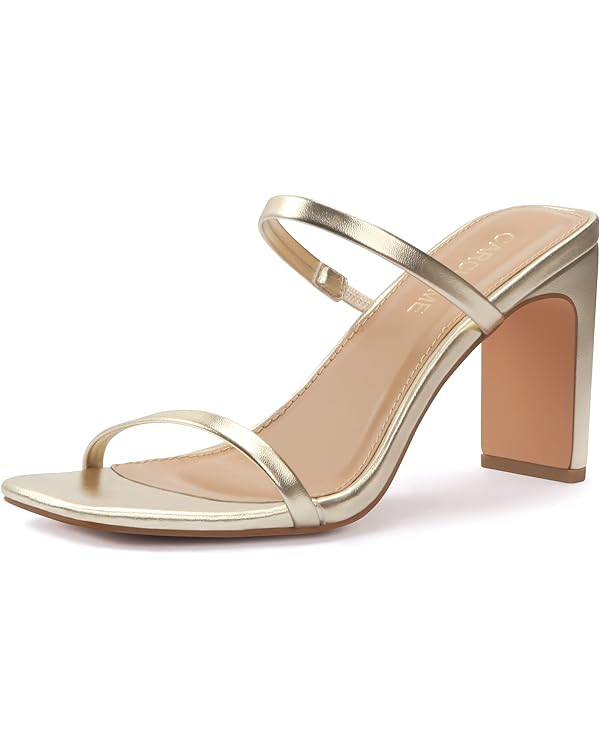 Carcuume Women's Square Toe Two Strap Open Toe Block Heels Sandals Slip On Shoes | Amazon (US)