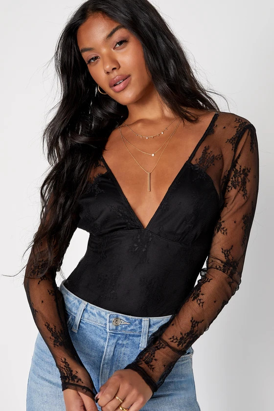 Sheer Flirt Black Lace Long Sleeve Bodysuit | Lulus (US)