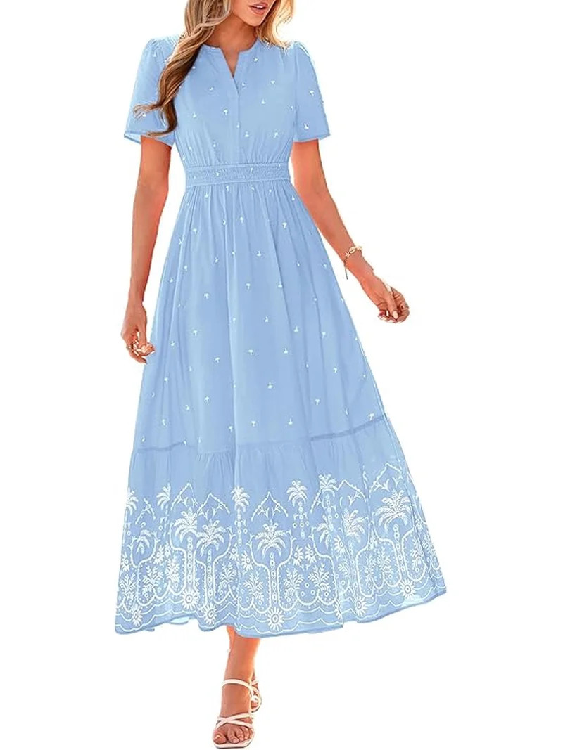 BTFBM Summer Dresses for Women Casual V Neck Short Sleeve Flowy Wedding Guest Beach Vacation Flor... | Walmart (US)