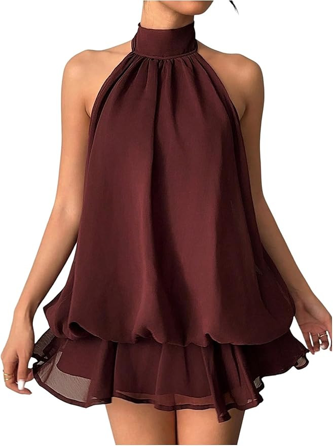 SHENHE Women's Chiffon High Neck Halter Mini Dress Ruffle Wedding Guest Birthday Party Dress | Amazon (US)