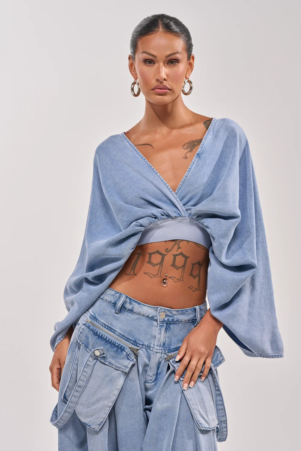DRIFTING AWAY BLOUSE IN LIGHT BLUE DENIM | AKIRA