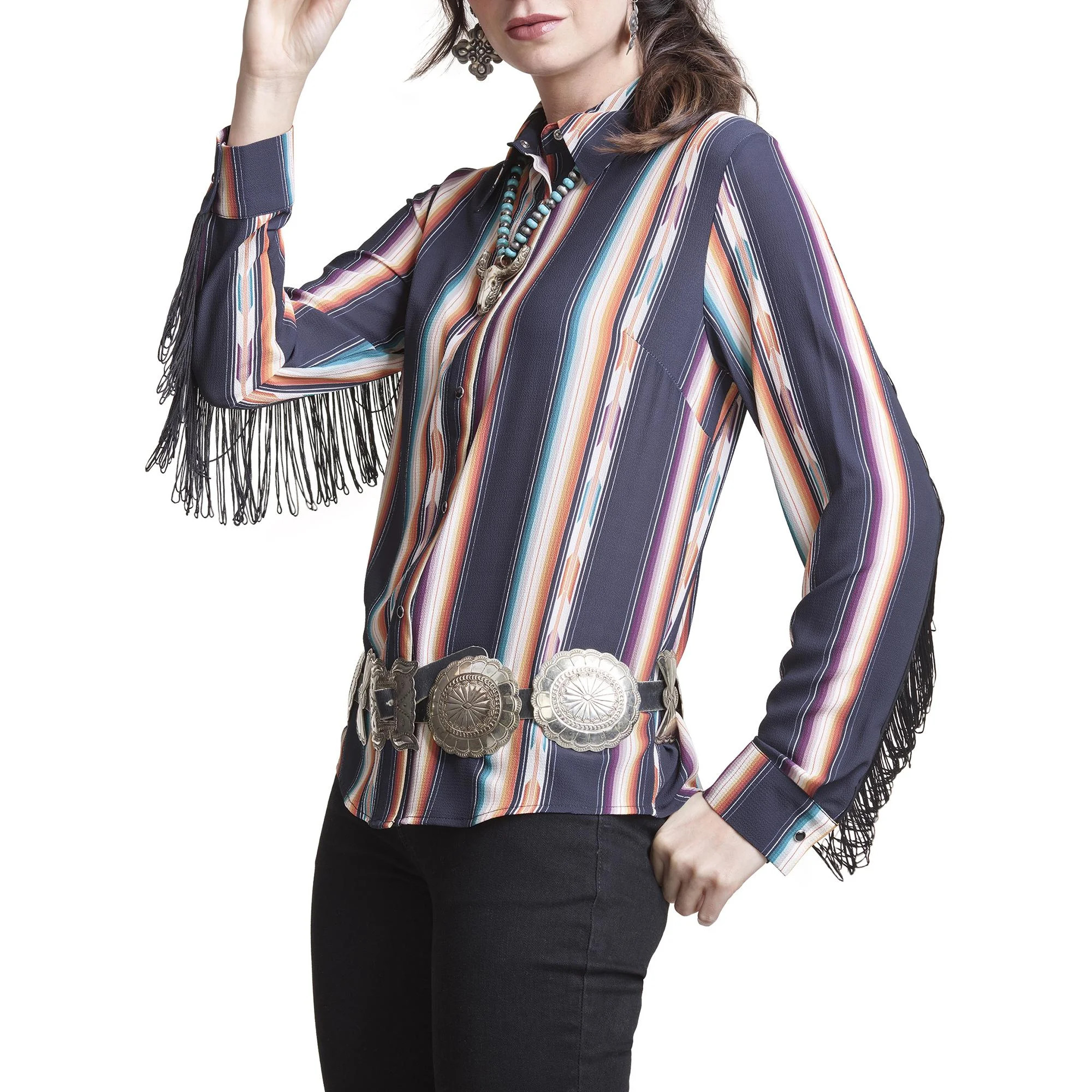 Women's Woven Fringe Snap Front Shirt | Walmart (US)