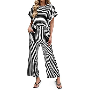 Tankaneo Womens Striped 2 Piece Sets Short Sleeve T Shirts Wide Leg Pants Matching Lounge Set wit... | Amazon (US)