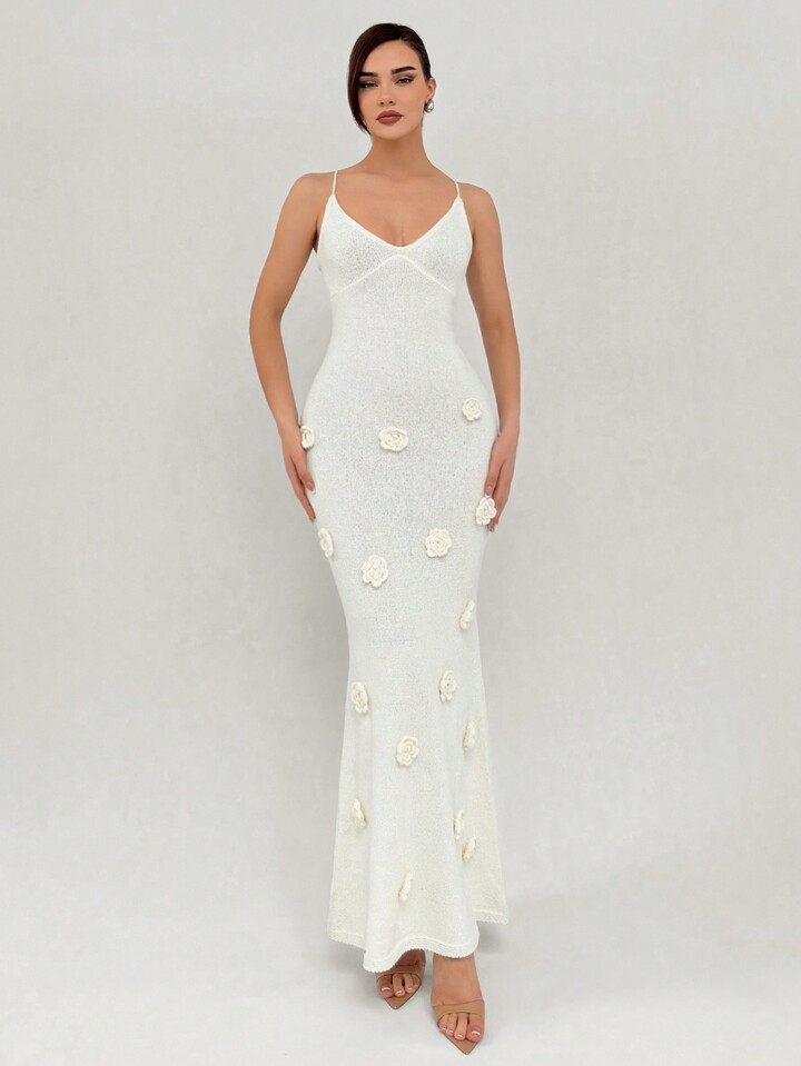 Aloruh Elegant Backless Knit Dress With Tailored Flowers, Suitable For Holiday, Street Wear And Date,Summer Dresses For Women,White Graduation Dress | SHEIN