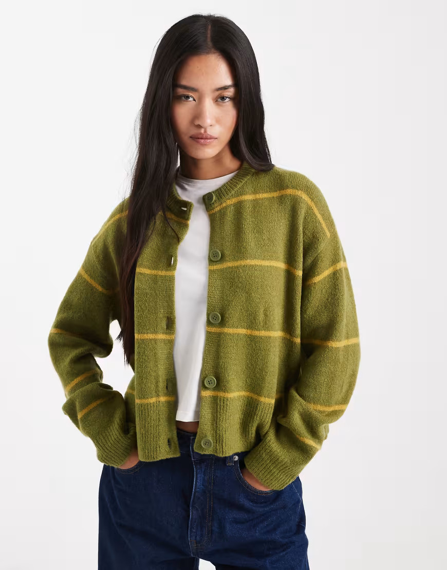 ASOS DESIGN crew neck stripe cardigan in olive-Green | ASOS (Global)