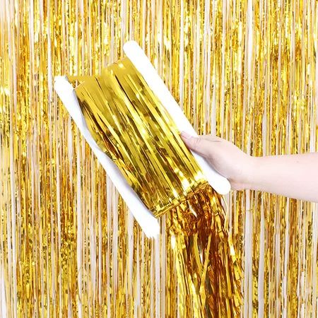 Gold Fringe Curtain - 2 PackFeet Streamer Party Decorations Gold Glitter Backdrop Tinsel Foil Curtai | Walmart (US)