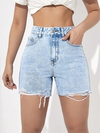 SHEIN EZwear High Waist Raw Hem Denim Shorts | SHEIN