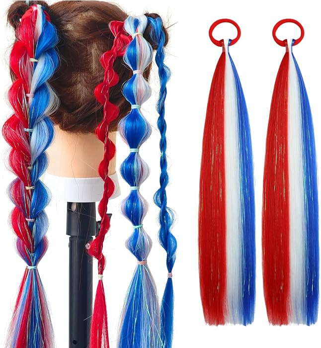 Red White Blue Hair Extensions for Braids Tie in Ponytail Extension 2 Packs, 16 inch Crazy Hair D... | Amazon (US)