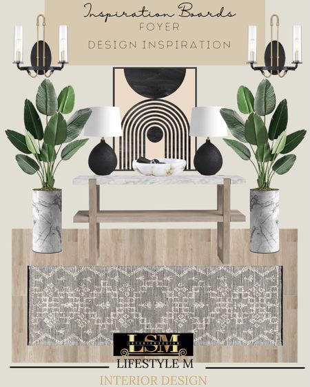 Foyer design inspiration. Perfect for transitional and modern  farmhouse style homes. Foyer runner, console table, marble planters, wall art, sconce light, table lamp, decorative bowl, wood floor tile.   

#LTKstyletip #LTKhome #LTKSeasonal