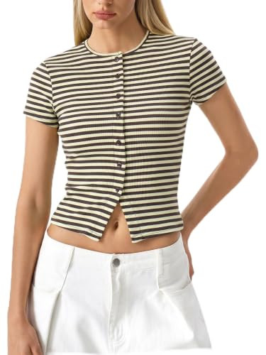 QINSEN Women's Crewneck Short Sleeve T Shirts Ribbed Button Going Out Trendy Tops | Amazon (US)