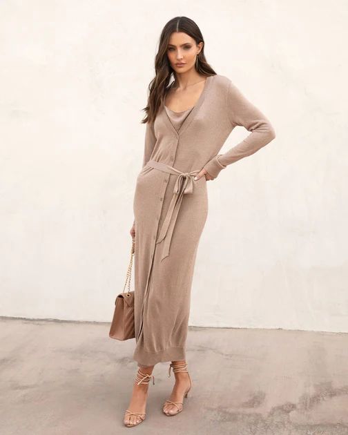 Cleo Button Front Waist Tie Midi Dress - Taupe  - SALE | VICI Collection