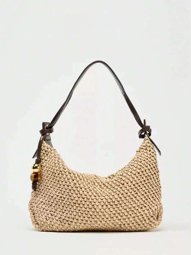 Casual Hobos Straw Bag Designer Woven Women Shoulder Bags Vintage Bead Deco Handbags Handmade Sum... | SHEIN