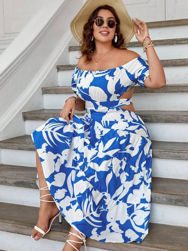 SHEIN VCAY Plus Floral Print Off Shoulder Cut Out Waist Dress | SHEIN