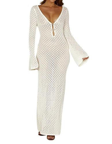 Leoparts Crochet Swimsuit Cover Up for Women Sexy V Neck Hollow Out Backless Maxi Dress Beach Bik... | Amazon (US)