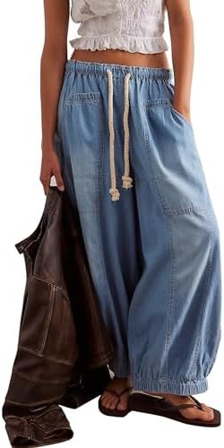 D-Sun Women Casual Wide Leg Jeans Pull On Drawstring Loose Barrel Jeans Baggy Elastic Waist Fashi... | Amazon (US)