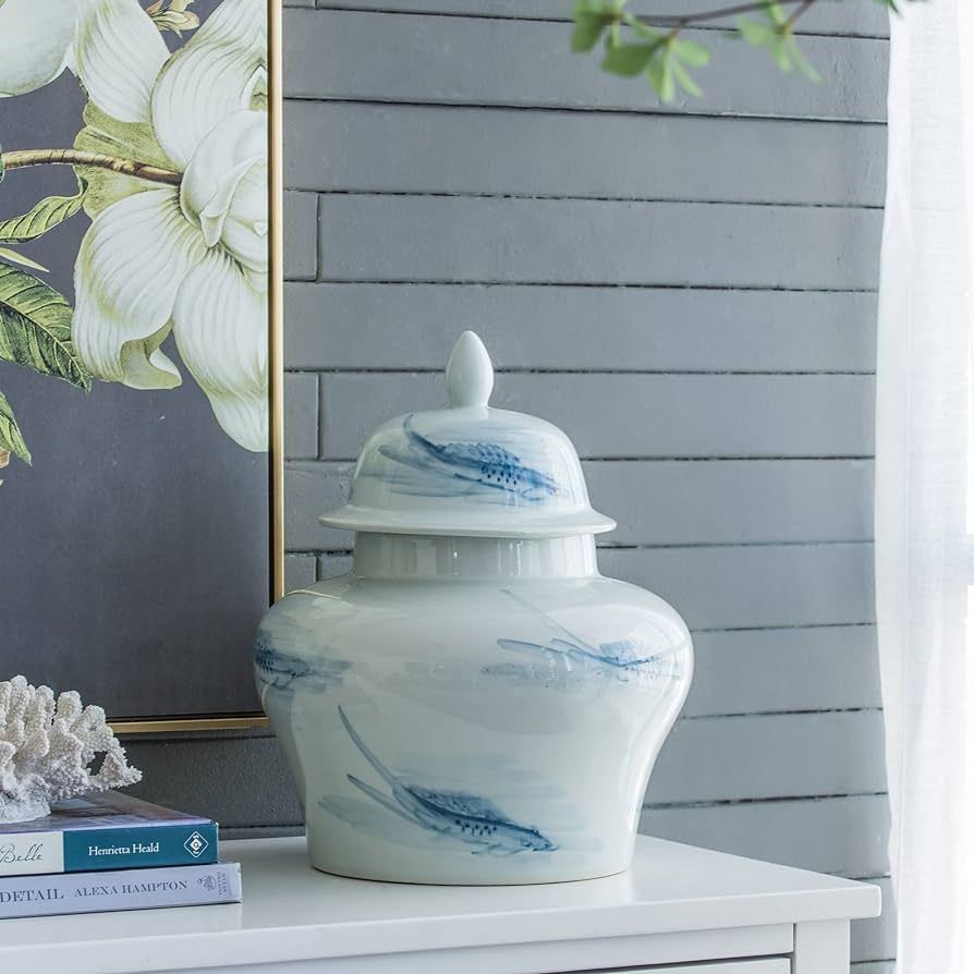 A&B Home Blue & White Porcelain Koi Ginger Jar with Lid, Large Vase Tabletop Home Décor, Bedroom... | Amazon (US)