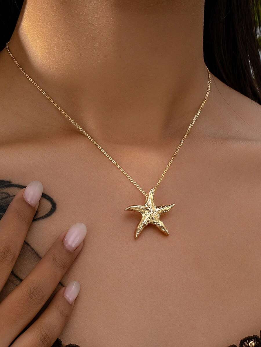 1pc Golden Textured Metal Starfish Pendant Necklace, Beach & Ocean Themed Jewelry For Summer Vaca... | SHEIN
