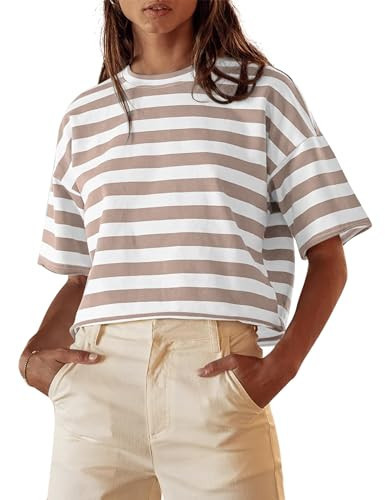 Cioatin Women Oversized Striped Colorblock Crop Tee Top Crew Neck Short Sleeve Loose Fit Aesthetic Tshirt Summer Casual Khaki White | Amazon (US)