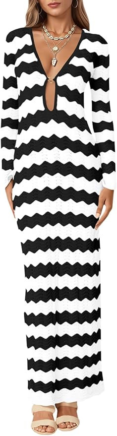 Saodimallsu Womens Crochet Summer Maxi Dress Striped Sexy Cut Out V Neck Long Sleeve Knit Cover U... | Amazon (US)